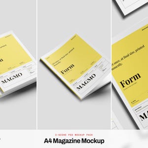 May include: A digital A4 magazine mockup featuring a yellow cover with black text that reads Form and MAGMO. The design includes technical layout details and typography. This graphic template is presented in three different viewing angles.