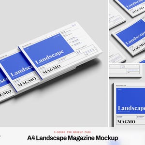 May include: A digital A4 landscape magazine mockup set featuring a white cover with a large blue rectangle, the word Landscape in white, and the text MAGMO in black. The design includes technical layout lines and various text fields for branding.