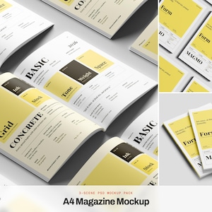 May include: A collection of A4 magazine mockups featuring white pages with yellow rectangular accents and black typography. The layouts display technical design terms like Grid, Concrete, Tone, Weight, Space, Ink, Stock, and Form, with the text MAGMO visible.