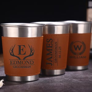 Personalized Beer Cup,Groomsmen Gifts,Beer Mug with Leather Can Holder,Groomsmen Proposal,Leather Accessory,Bachelor Party Gift,Gift for him