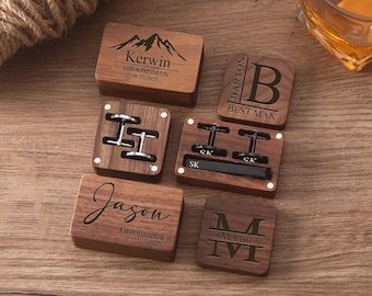Personalized Cufflink Tie Clip Set - Stainless Steel, Walnut Wood Box