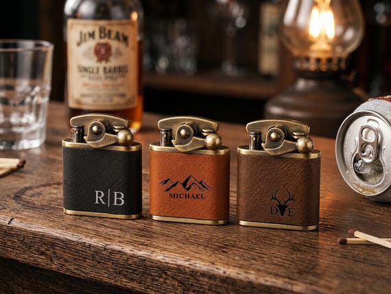Engraved Leather Lighter for Men, Personalized Groomsmen Gift, Vintage Style, Unique Anniversary Birthday Present, Father’s Day Gift