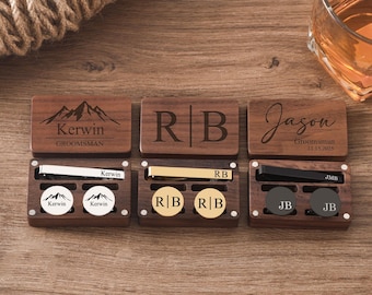Personalized Walnut Wood Cufflink Tie Clip Set: Engraved Groomsmen Gift