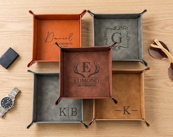 Bandeja organizadora personalizada de cuero vegano, bandeja multiusos personalizada para hombres, organizador de mesita de noche con monograma, regalo para padrinos de boda.