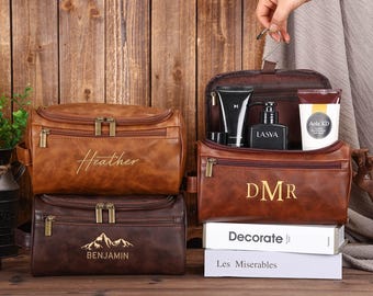 Personalized Leather Toiletry Bag, Embroidered Dopp Kit for Men, Anniversary Gift for Him, Travel Wash Bag, Valentine’s Day Gift