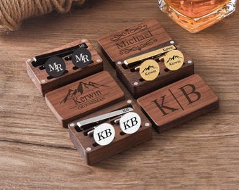 Personalized Cufflinks Tie Clip Set - Groomsmen Gift, Walnut Wood Box