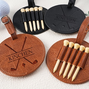 Engraved Leather Golf Bag Tag Gift with Golf Tees, Personalized Golf Tee Holder, Custom Golf Accessories, Groomsmen Gifts, Golf Gift For Men