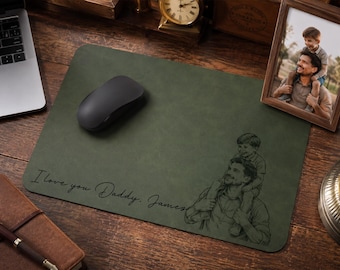 Custom Leather Desk Mat from Photo, Personalized Line Art Mouse Pad for Dad, Father’s Day Gift for Husband, Daddy Picture Desk Pad Mouse Mat