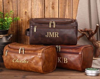 Personalized Men's Leather Toiletry Bag, Embroidered Dopp Kit