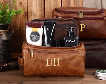 Personalized Men's Leather Toiletry Bag, Custom Dopp Kit, Embroidered Travel Toiletry Bag, Valentine’s Day Gift