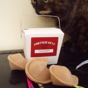 May include: A white cardboard box with a handle, labeled "Fortune Kitty" and "three handmade catnip toys". The box is sitting on a black surface with three brown catnip toys shaped like fortune cookies.