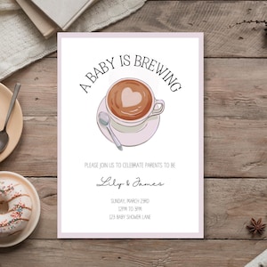 A Baby Is Brewing Baby Shower Invitation, Coffee Baby Shower, Editable Invite, Instant Download, Canva