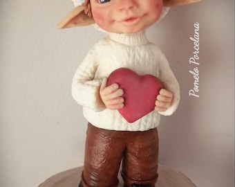 Handmade Christmas Elf Figurine with Heart – Cold Porcelain Holiday Decoration – Unique Xmas Gift – Free Shipping USA