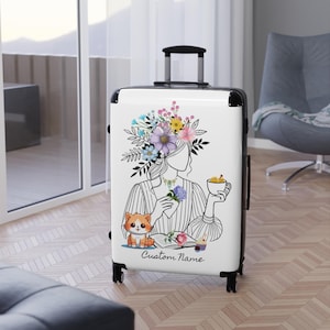 Personalized Suitcase For Her  Floral Woman Cat coffee Lover  flower Owner Suitcase Travel Gear Gift For Traveler Women&#39;s Carry On Luggage