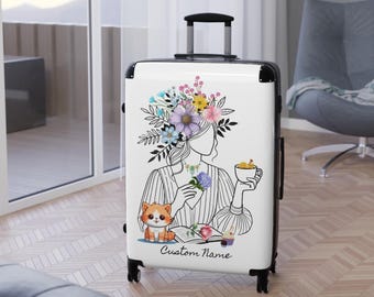 Valigia personalizzata con gatto floreale: bagaglio a mano da donna