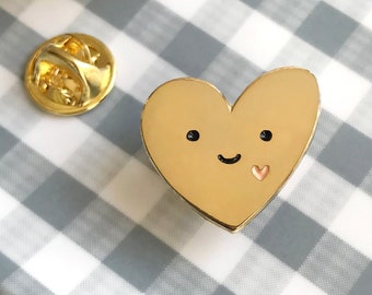 Happy Heart Pin - Gold Heart Enamel Pin - Gold Heart Lapel Pin - Gift for Hero - Anniversary Gift - Valentine Gift - Kawaii Heart - EP3019