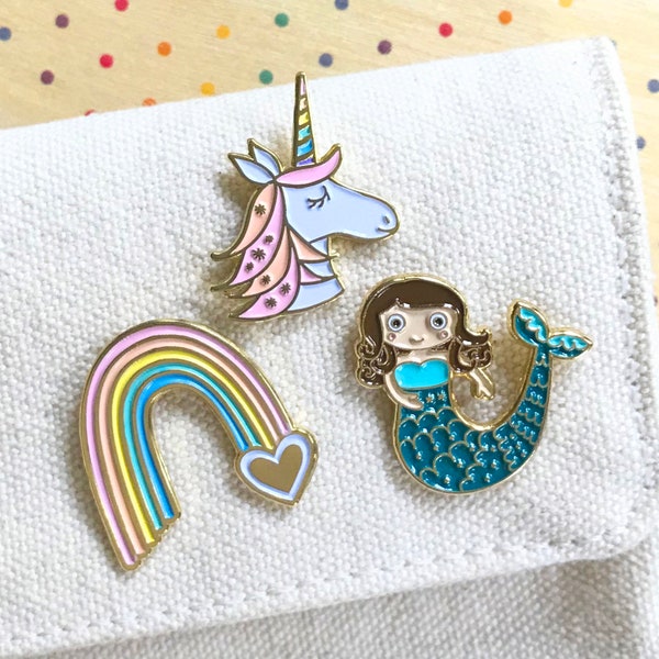 Magical Gift Set - Set of Three Enamel Pins - Unicorn Pin - Rainbow Pin - Mermaid Pin - Tween Gift - Stocking Stuffer - Gift Exchange -GS034