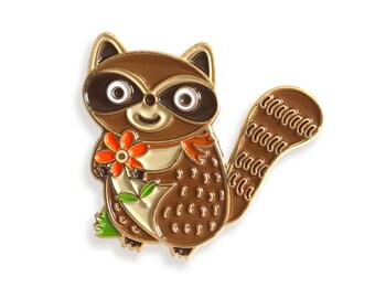 Raccoon Enamel Pin with Flower – Woodland Animal Lapel Pin for Backpack, Bag, Hat