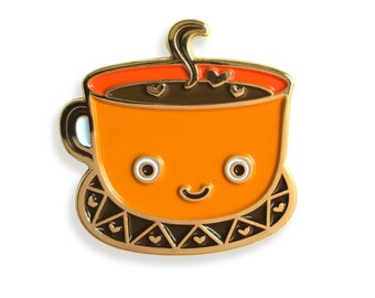 Hot Coffee Enamel Pin – Smiling Cup Gold Badge