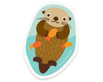 Otter Sticker - Otter Vinyl Sticker - Waterproof - Dishwasher-Safe - Otter Laptop Sticker - Otter Decal - River Otter with Fish - CSTICK4024