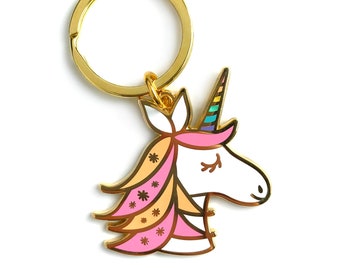 Unicorn Keychain - Key Charm - Shiny Gold Metal - Kawaii Keychain - Unicorn Key Chain - Gift - Stocking Stuffer - Pastel Unicorn - EK3102