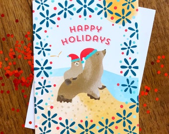 Sea Lions Holiday Cards Box of 10 – Folded Beach Christmas Cards