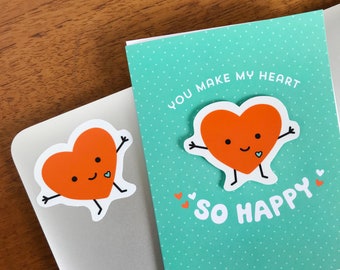 Happy Heart Sticker Love Card - Includes Vinyl Heart Sticker - Fun & Unique Valentine Card - Anniversary Card - Valentine's Day Card -OC1574