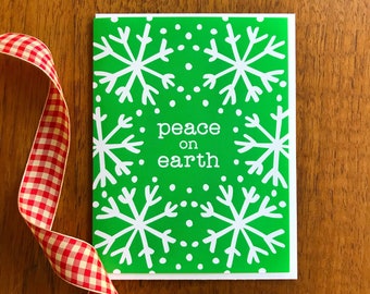 Green Peace Folded Holiday Cards, Box of 10 - Green Christmas Cards - Peace on Earth - Interfaith - Snowflakes - Made in USA - OC2429-BX