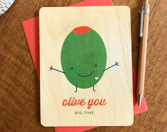olive you real wood card - love card - anniversary card - valentine's day card - birch wood - wc892