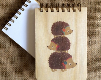 Stacked Hedgehogs Mini Notepad with Real Wood Covers - Jotter Notepad - Hedgehog Gift - Birch Wood - Hedgehog Lover - Party Favor - J254