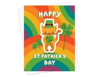 Saint Patrick's Day Card - Clover Cat Sticker Card - Includes St Paddy's Cat Vinyl Sticker - Four Leaf Clover - Rainbow Card for Kid OC2772