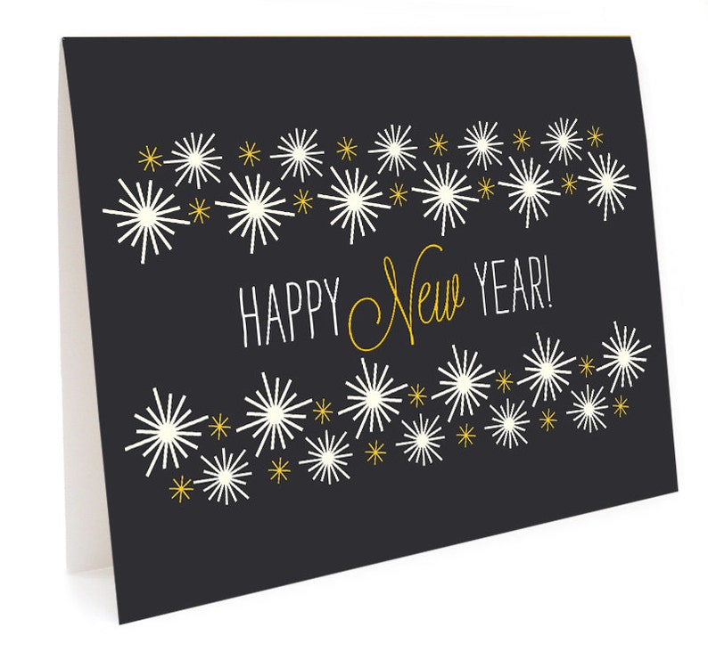 Golden New Year Folded Holiday Cards, Box of 10 Happy New Year Black New Year Cards Matte Black Christmas Cards Made in USA OC1147-BX image 2