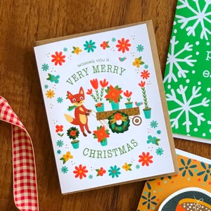 Cartes de vœux pliées Fox, boîte de 10 - Cartes de Noël Fox - Très joyeux Noël - Carte de Noël florale - Animal - Made in USA - OC2430-BX