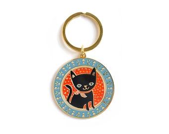 Lucky Cat Keychain - Black Cat Key Chain - Enamel Keychain - Key Charm - Gift for Cat Lover - Gold - Cat Gift for Teen - Halloween EK3114