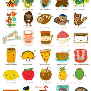 May include: A set of 20 colorful stickers featuring various animals, food, and holiday-themed designs. Each sticker has a cute cartoon face and is labeled with a name and a unique code. The stickers are perfect for adding a touch of whimsy to journals, laptops, water bottles, and more.