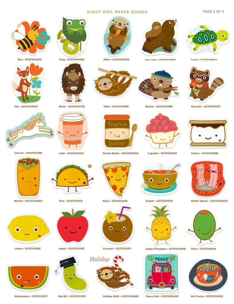 May include: A set of 20 colorful stickers featuring various animals, food, and holiday-themed designs. Each sticker has a cute cartoon face and is labeled with a name and a unique code. The stickers are perfect for adding a touch of whimsy to journals, laptops, water bottles, and more.