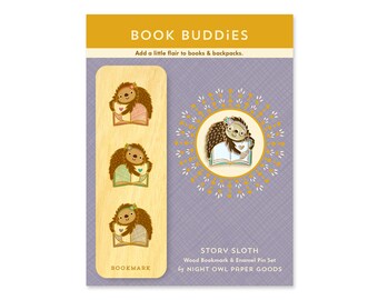 Story Sloth Gift Set - Bookmark & Enamel Pin - Reading Sloth - Sloth Bookmark - Sloth Pin - Gift for Student - Stocking Stuffer -GS2611