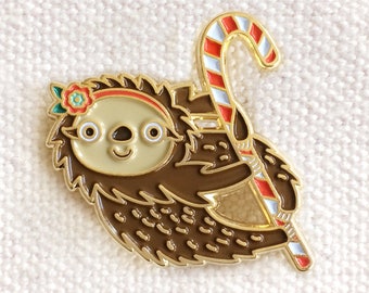 Sloth Holiday Pin - Holiday Lapel Pin - Holiday Enamel Pin - Gold Enamel Pin - Shiny Gold Metal - Kawaii Flair Pin - Christmas Sloth- EP3001