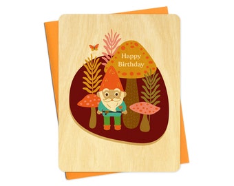 Gnome Birthday Card - Real Wood Card - Made in USA - Happy Birthday - Woodland - Forest - Mushroom - Nature - Birch - Unique Card WC1631