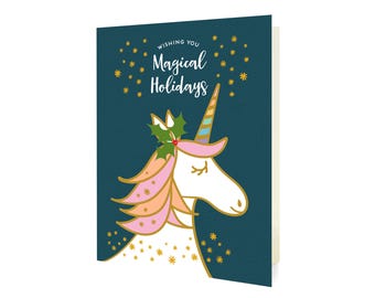 Magical Unicorn Blue Holiday Cards, Box of 10 - Magical Holidays Folded Christmas Cards - Premium Paper & Rich, Vibrant Printing OC1185BLUBX