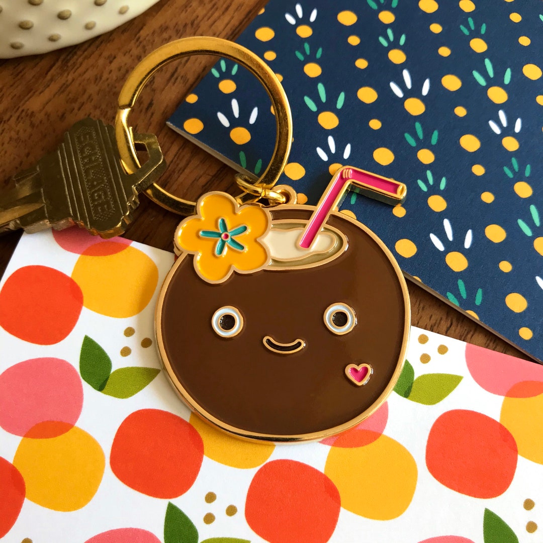 Coconut Keychain Enamel Key Chain Key Charm Gold Metal Kawaii Keychain Kawaii Coconut Tropical ...