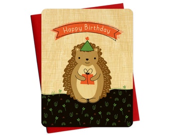 hedgehog gift birthday card - real wood card - happy birthday - birch wood - wc1269