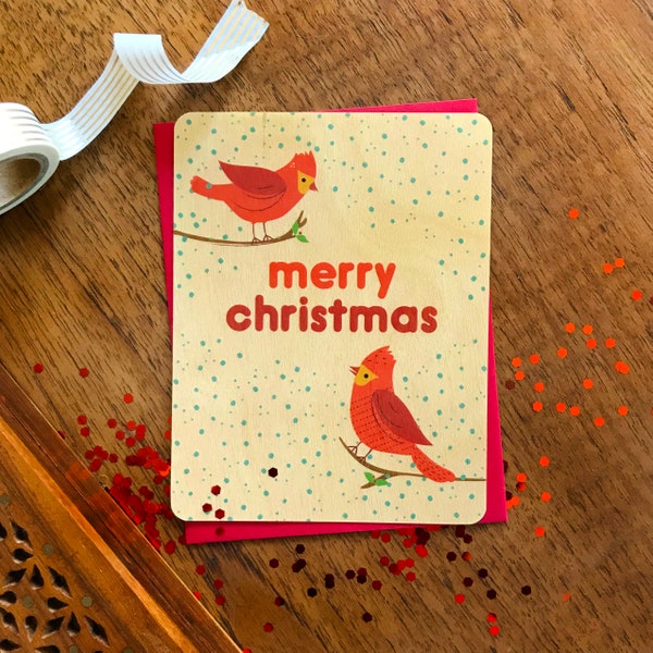 Cardinal Christmas Real Wood Holiday Card - Unique Keepsake Birch Wood Christmas Card - Merry Christmas - Red Bird - Nature Outdoors WC2239