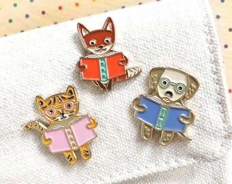 Book Lover Enamel Pin Gift Set - Vol 2 - Set of 3 Lapel Pins with Gift Box - Gift for Book Club - Student Gift - Reading Animals -GS055