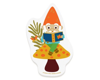 Reading Gnome Sticker - Vinyl Sticker - Waterproof - Dishwasher-Safe - Laptop Sticker - Gnome with Book - Woodland - Mushroom -OCSTICK4042