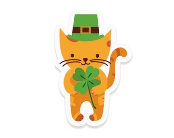 Clover Cat Sticker - Saint Patrick's Day Vinyl Sticker - Waterproof - Dishwasher-Safe - Laptop Sticker - Four Leaf Clover Decal  OCSTICK4035