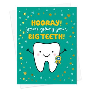 Carte de fée des dents - Carte de félicitations en feuille d'or avec de grandes dents pour la première dent perdue - Carte d'étape importante avec de grandes dents pour les enfants - Carte de dent de bébé estampée