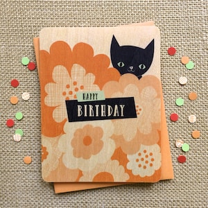 Carte d'anniversaire chat noir - carte en bois véritable - parfait pour les amoureux des chats - octobre - Halloween - bois de bouleau - carte unique - WC1267