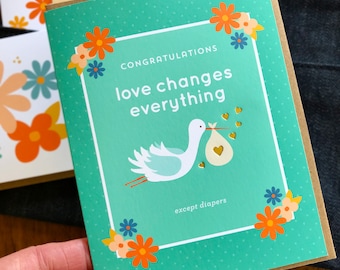 Stork New Baby Congratulations Card - Gold Foil Hearts - Expecting Card - Love Changes Everything Except Diapers - New Parents - OC2756