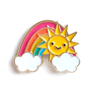 Sunny Rainbow Pin - Cute Smiling Rainbow Enamel Lapel Pin for Bag, Jacket, Hat - Great Encouragement Gift, Pride - Shiny Gold Metal - EP3031